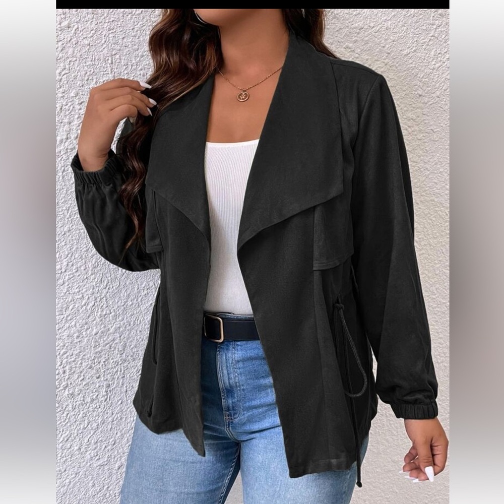 SHEIN Curve Women’s Black Waterfall Collar‎ Drawstring Waist Jacket 1XL NWT - Picture 3 of 10
